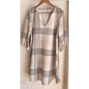 ASOS DESIGN Curve Plaid Dress, V Neck Puff Sleeve Sz 12 Texured Mini Swing Dress